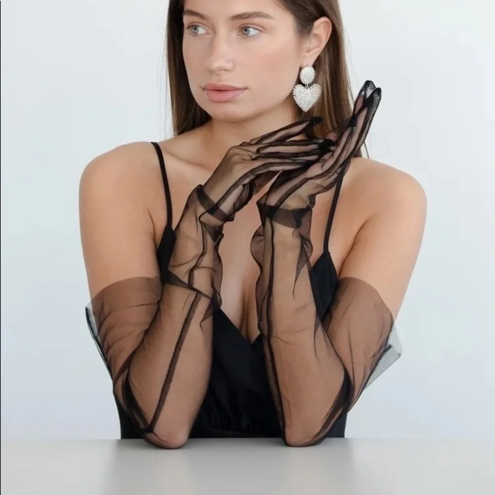 Mesh Kink Long Tulle Crumbling Taffeta Black High Gloves Transparent